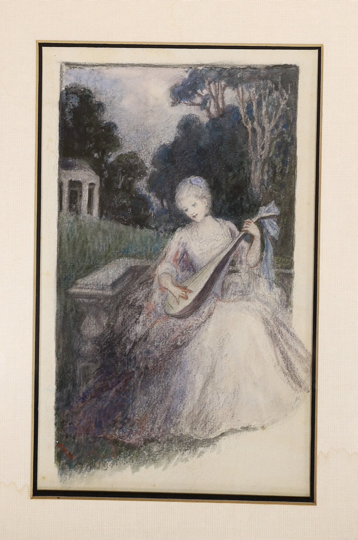 Cicely West (Exh.1925-29), pair of watercolours, Illustrations of ladies in parkland, one initialled, 20 x 13cm